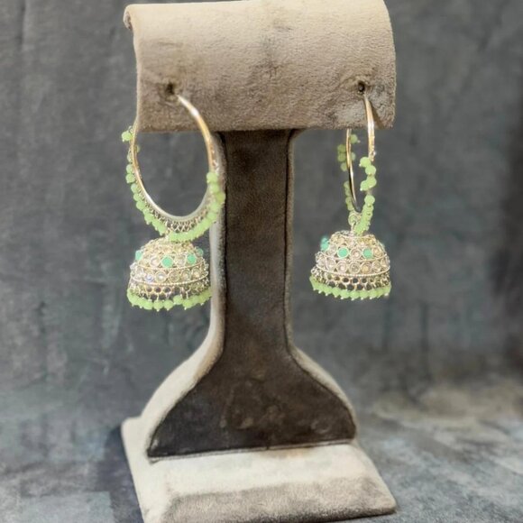 Designer Silver-Plated Green Beaded Jhumka Earrings - Picture 1 of 1